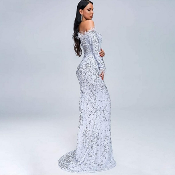Miss ord Off Shoulder Backless Long Sleeve Floor Length Feather Sequin. - Picture 2 of 4